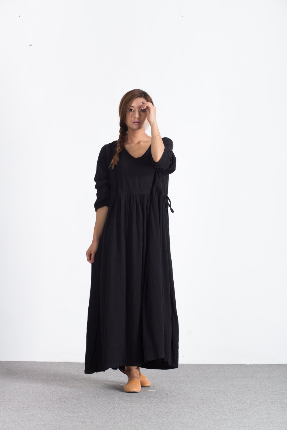 Scoop Neck Long Sleeves Linen Maxi Dress Women's Loose | Etsy