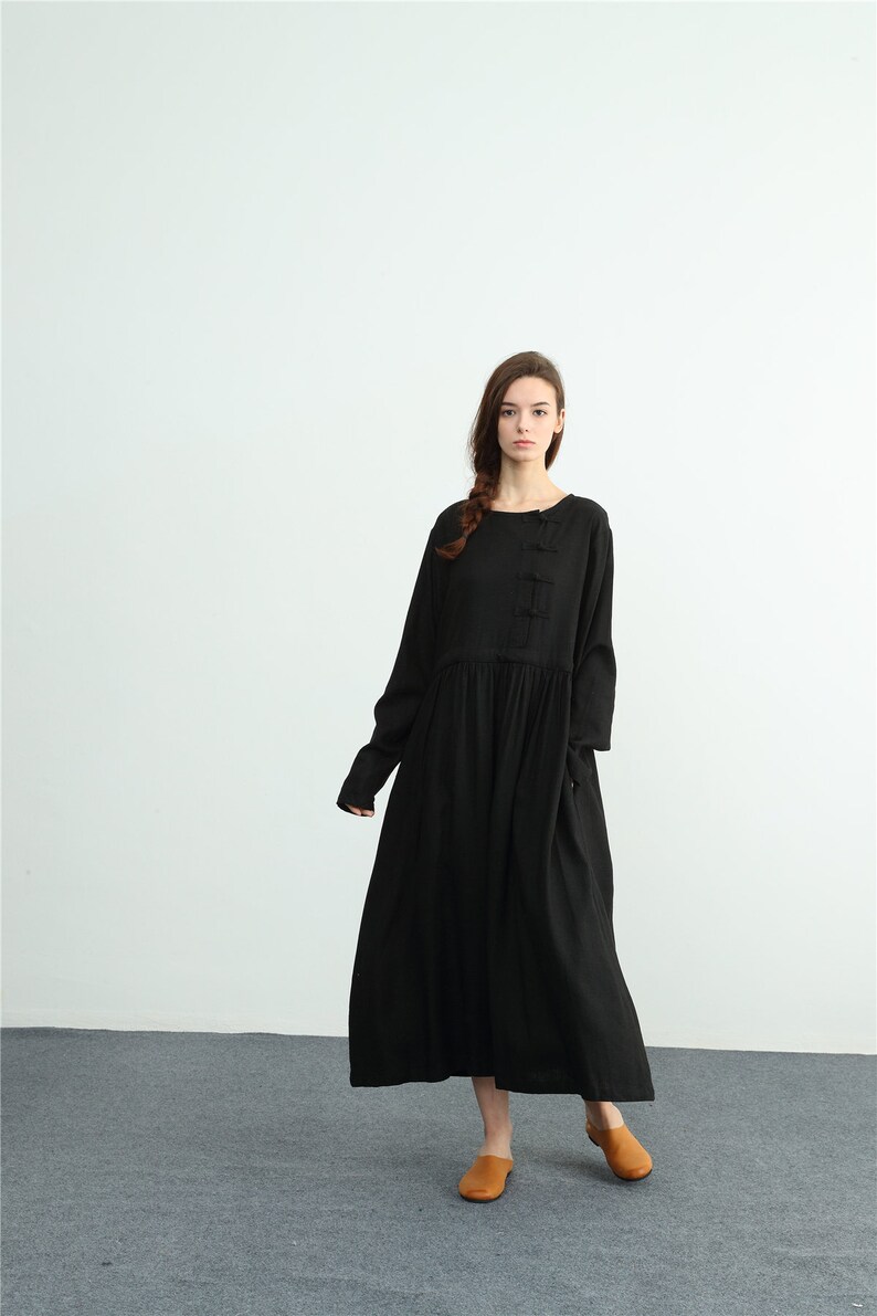 Women/'s linen long sleeves maxi dress Oversize linen Bridesmaid scoop neck dress plus size clothing Loose Kaftan large size dress C18