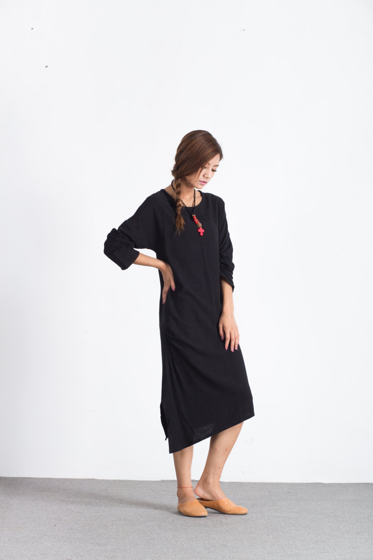 Linen Dresses With Pockets Women Long Sleeve Midi Dress Etsy