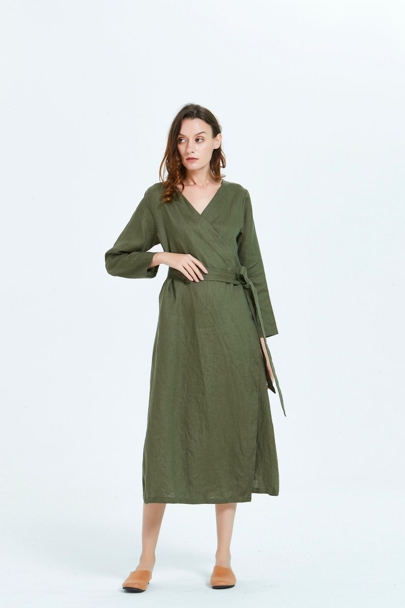 100/% linen women dress wrap long sleeve V neck midi dress Linen tunic Washed soft linen Loose casual summer dress robe women R17