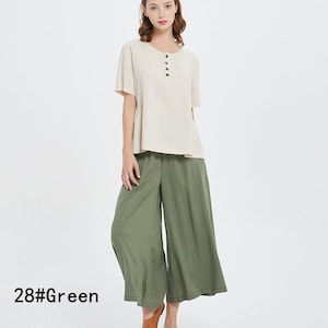 50% SALE Women's loose Cotton linen Pants Wide Leg Pants Cropped Pants Linen Culottes large size trousers plus size pants A117 image 4