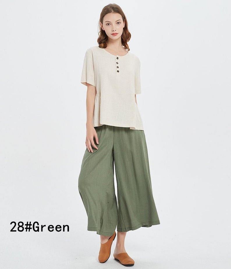 50% SALE Women's loose Cotton linen Pants Wide Leg Pants Cropped Pants Linen Culottes large size trousers plus size pants A117 image 4