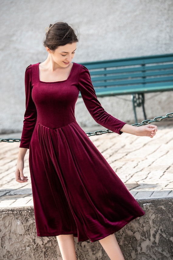 Women Velvet Dresses, Midi Velvet Dress, Puff Sleeve Dress