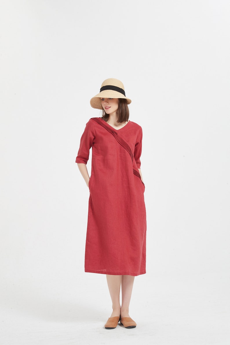 Women linen dress summer loose casual soft linen dress oversized linen midi dress shift dress pure linen tunic dress plus size clothing X39 image 2