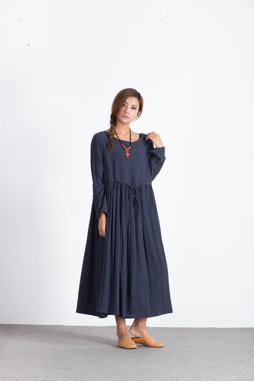 Women linen dress Long sleeve maxi cotton dress with belt | Etsy