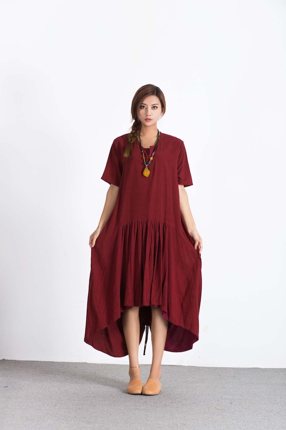 Women's linen maxi dress Short Sleeves Summer asymmetry | Etsy
