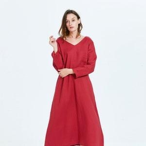 Women Linen dress Long sleeve V neck midi caftan dressPlus Size Clothing flax casual Loose Linen washed linen dress with pockets R30 image 4
