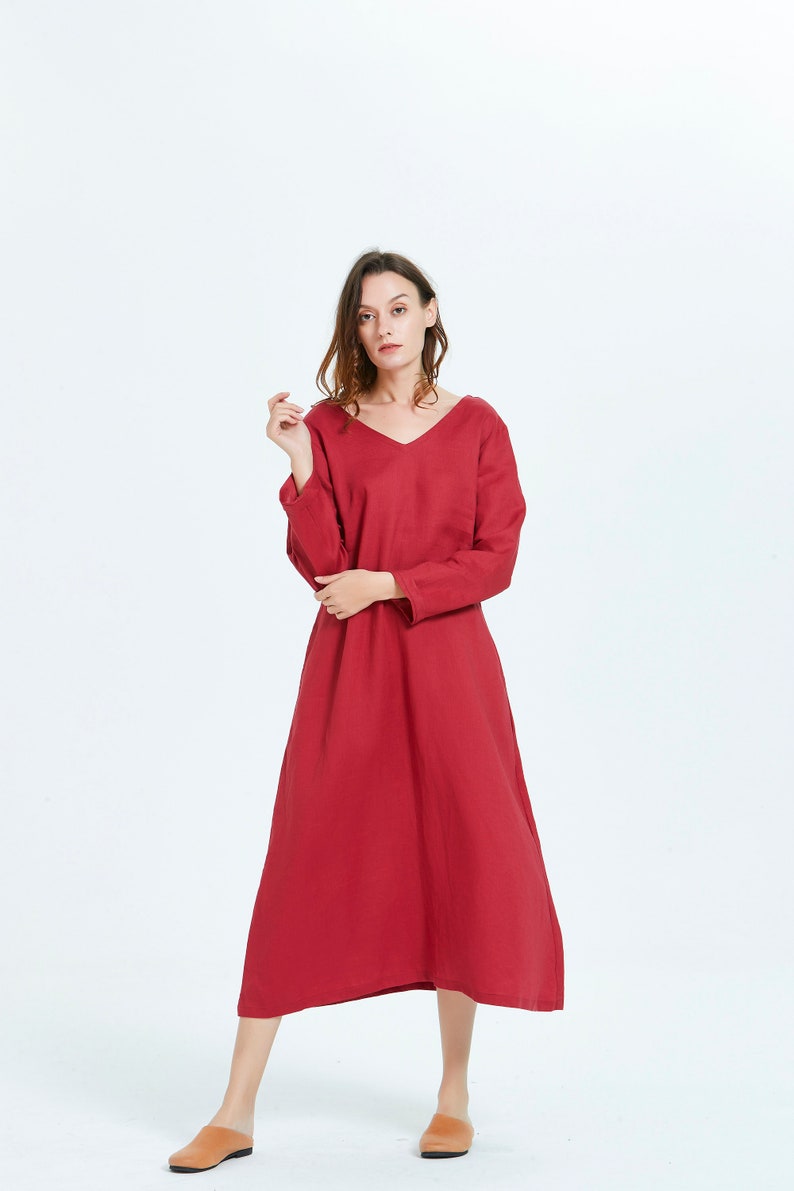 Women Linen dress Long sleeve V neck midi caftan dressPlus Size Clothing flax casual Loose Linen washed linen dress with pockets R30 image 4