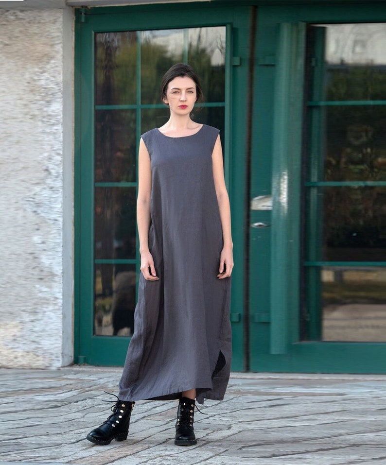 Women linen tank dress, Sleeveless linen dress,Loose Casual oversized plus size clothing, Summer linen maxi Dress, long robe beach dress 23 image 5