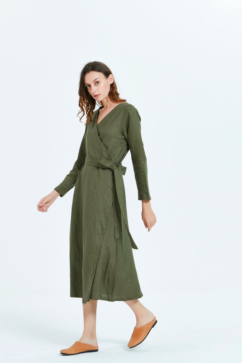 100/% linen women dress wrap long sleeve V neck midi dress Linen tunic Washed soft linen Loose casual summer dress robe women R17