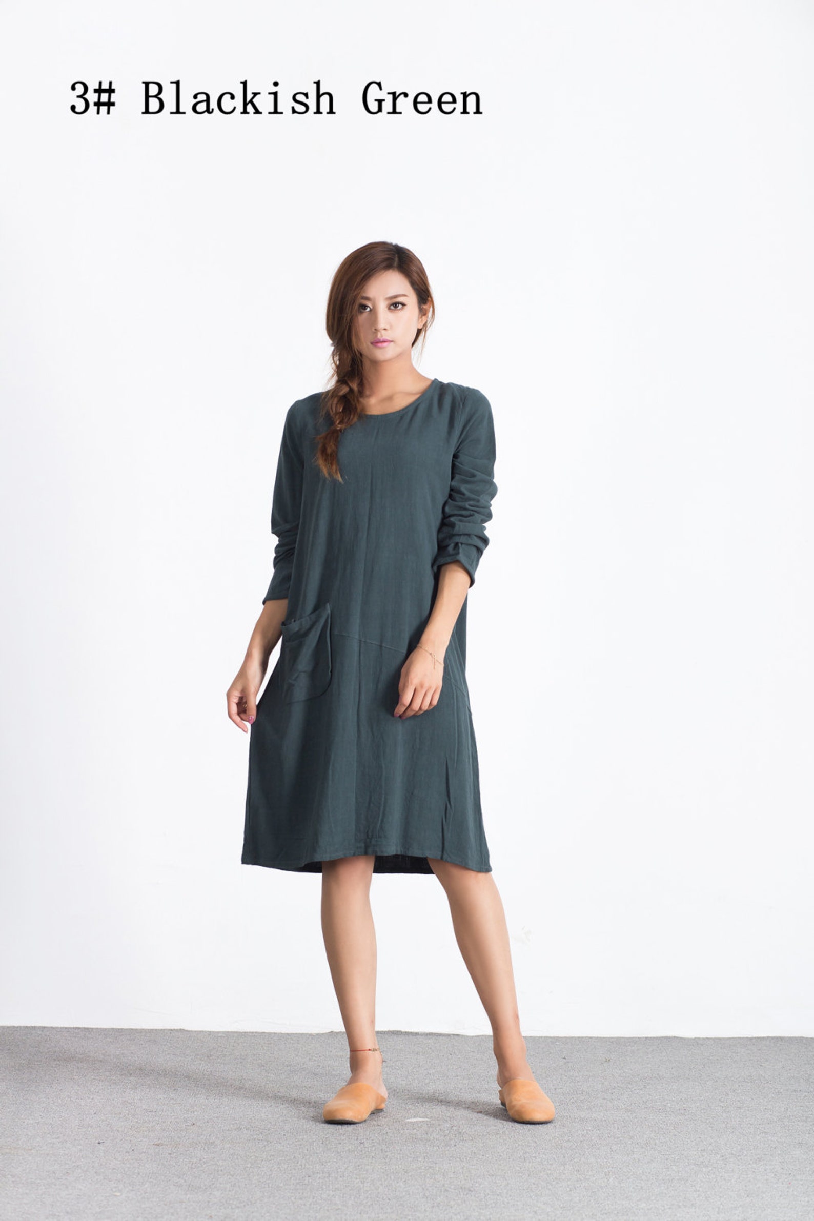 Cotton Linen Knee Length Dress with Pockets in Pink main image 1