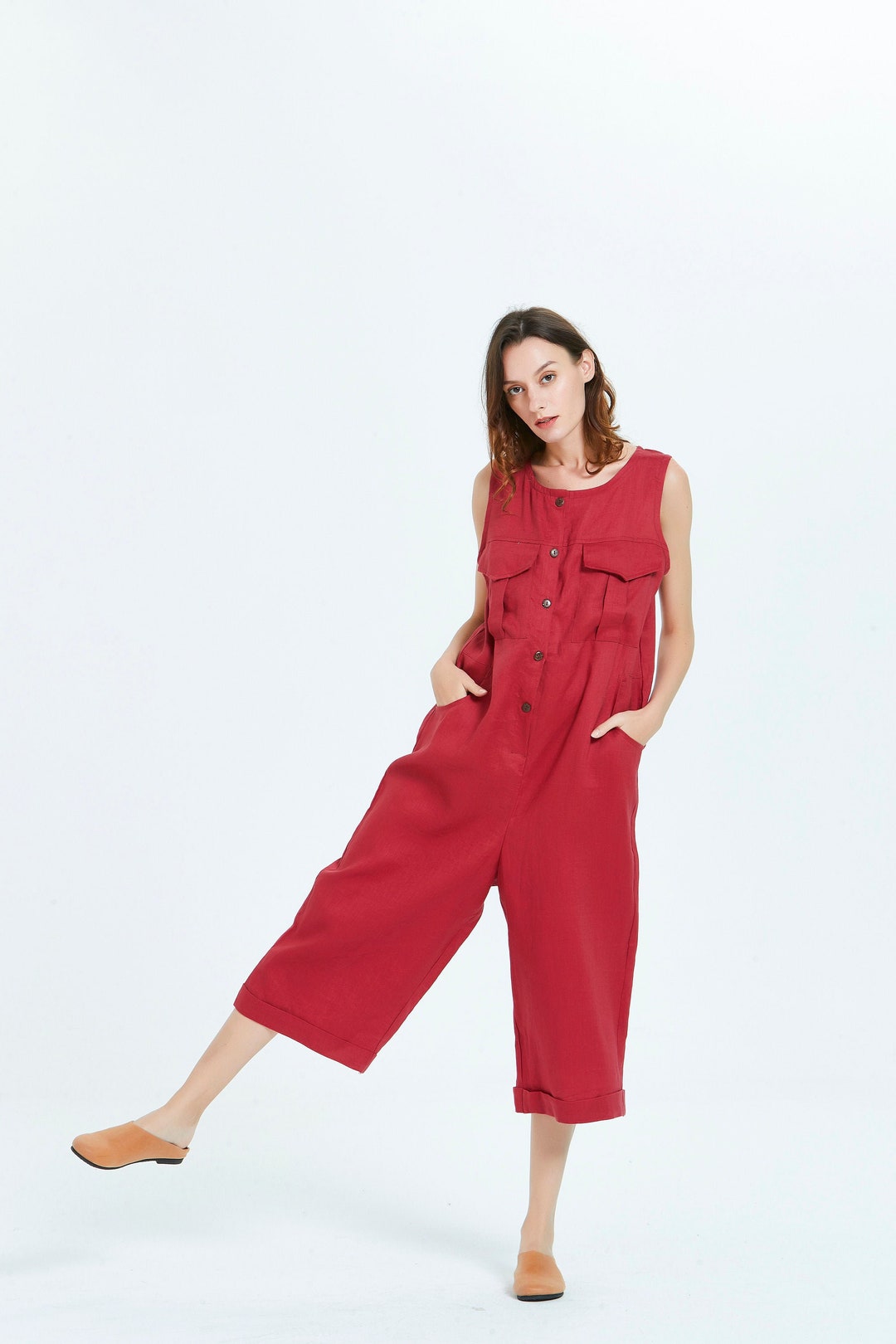 Women Linen Jumpsuit Overalls Pants With Pockets Linen Romper Etsy