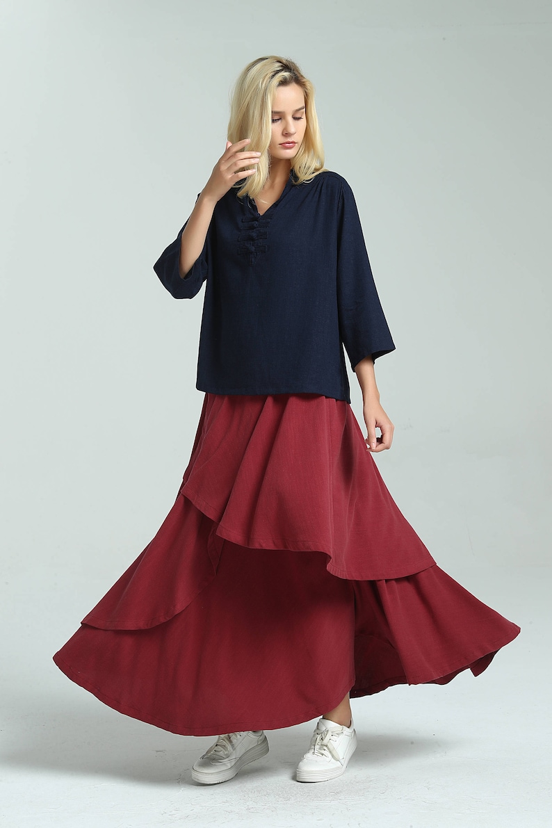 Women's cotton linen skirt High waist skirt elastic waist skirt pleated skirt linen maxi skirt loose casual skirt plus size skirt A121 image 2