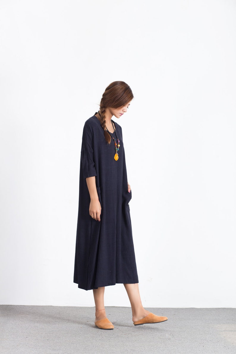 Oversize Short Sleeves Summer linen Dresses Women's maxi dress pockets-2 linen cotton Loose Kaftan plus size clothing large size dress A52 image 3