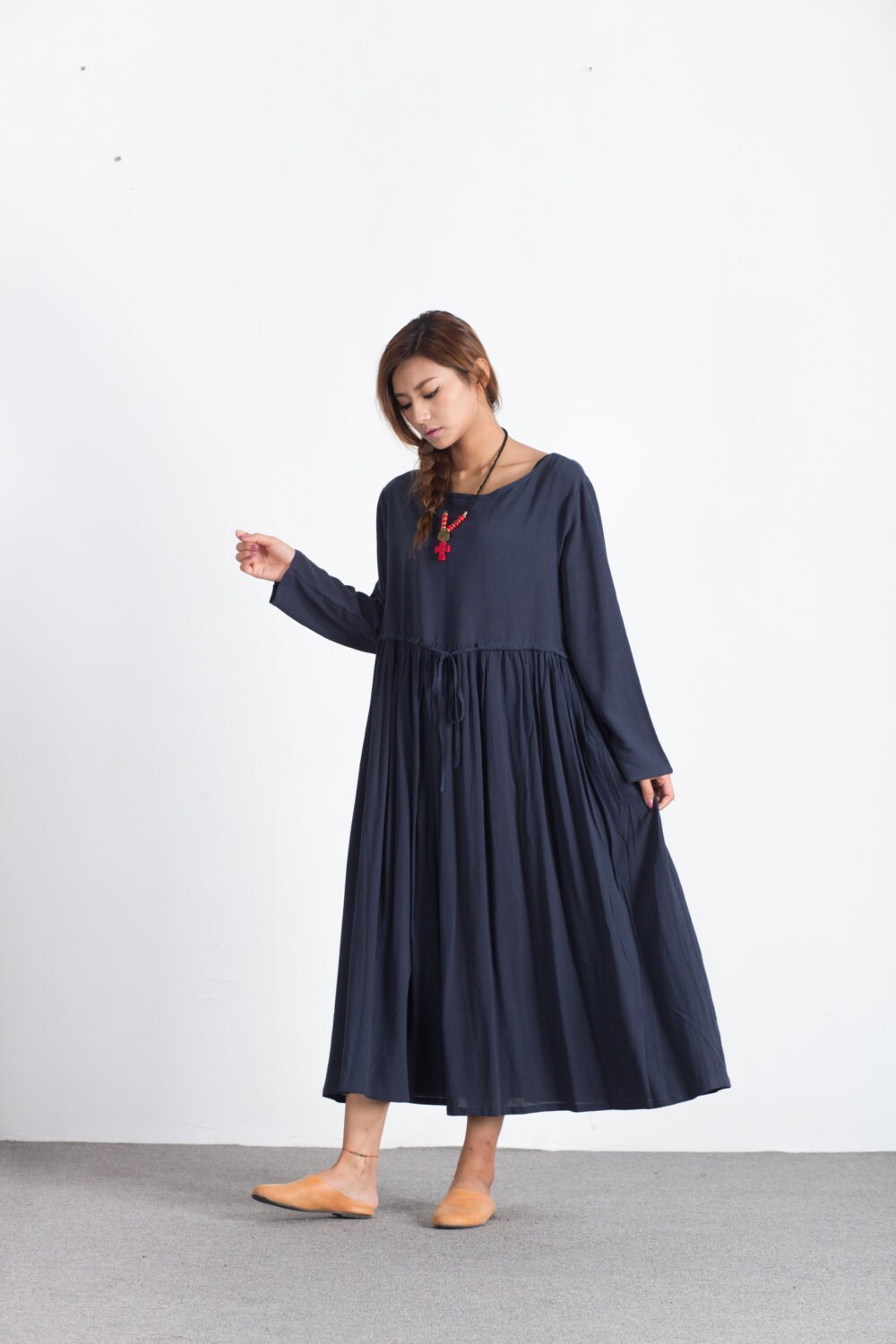 Women linen dress Long sleeve maxi cotton dress with belt | Etsy