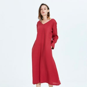 Women Linen dress Long sleeve V neck midi caftan dressPlus Size Clothing flax casual Loose Linen washed linen dress with pockets R30 image 2