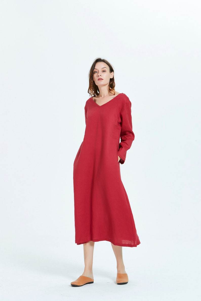 Women Linen dress Long sleeve V neck midi caftan dressPlus Size Clothing flax casual Loose Linen washed linen dress with pockets R30 image 2