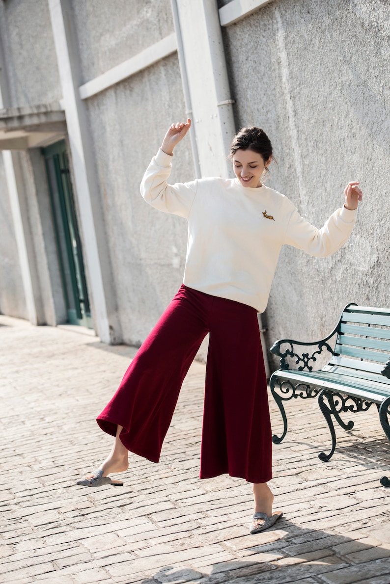 Women Wool Pants Loose High Waist Pants Wide Leg Pants Soft Casual Large Size Trousers Oversized Skirt Pants With Pockets Red Long Pants S18 image 3