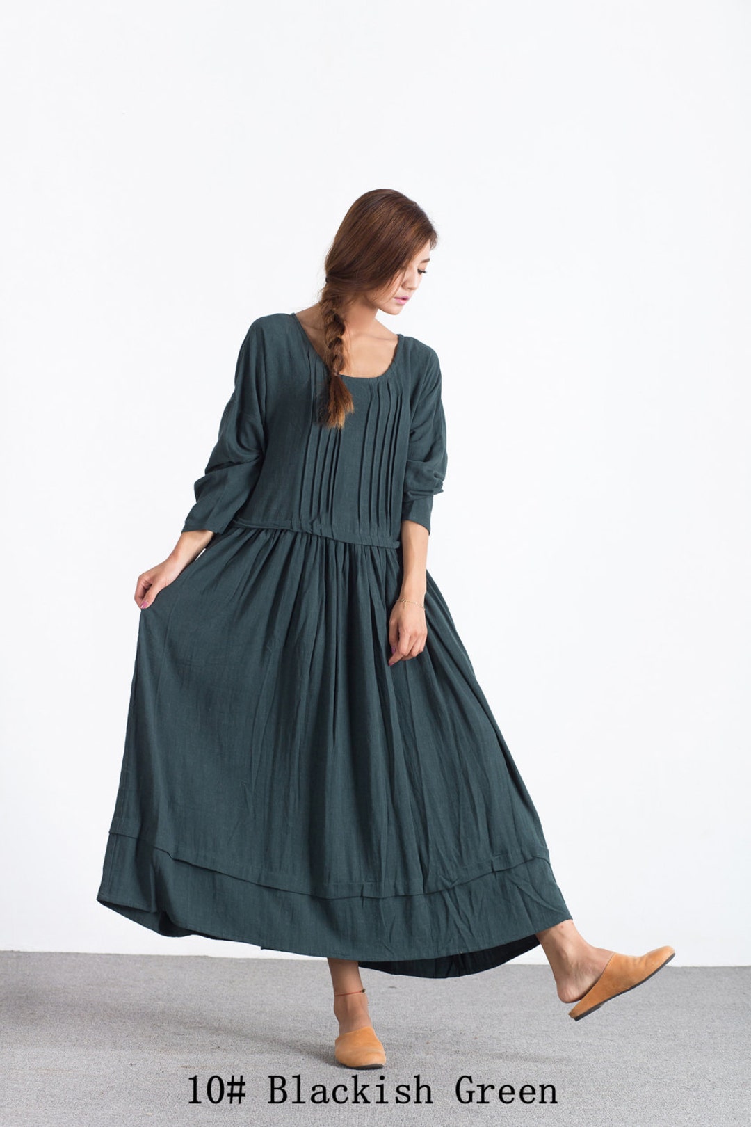 Women's Linen Dress Long Sleeves Pleated Dress Loose Fall Linen Cotton ...