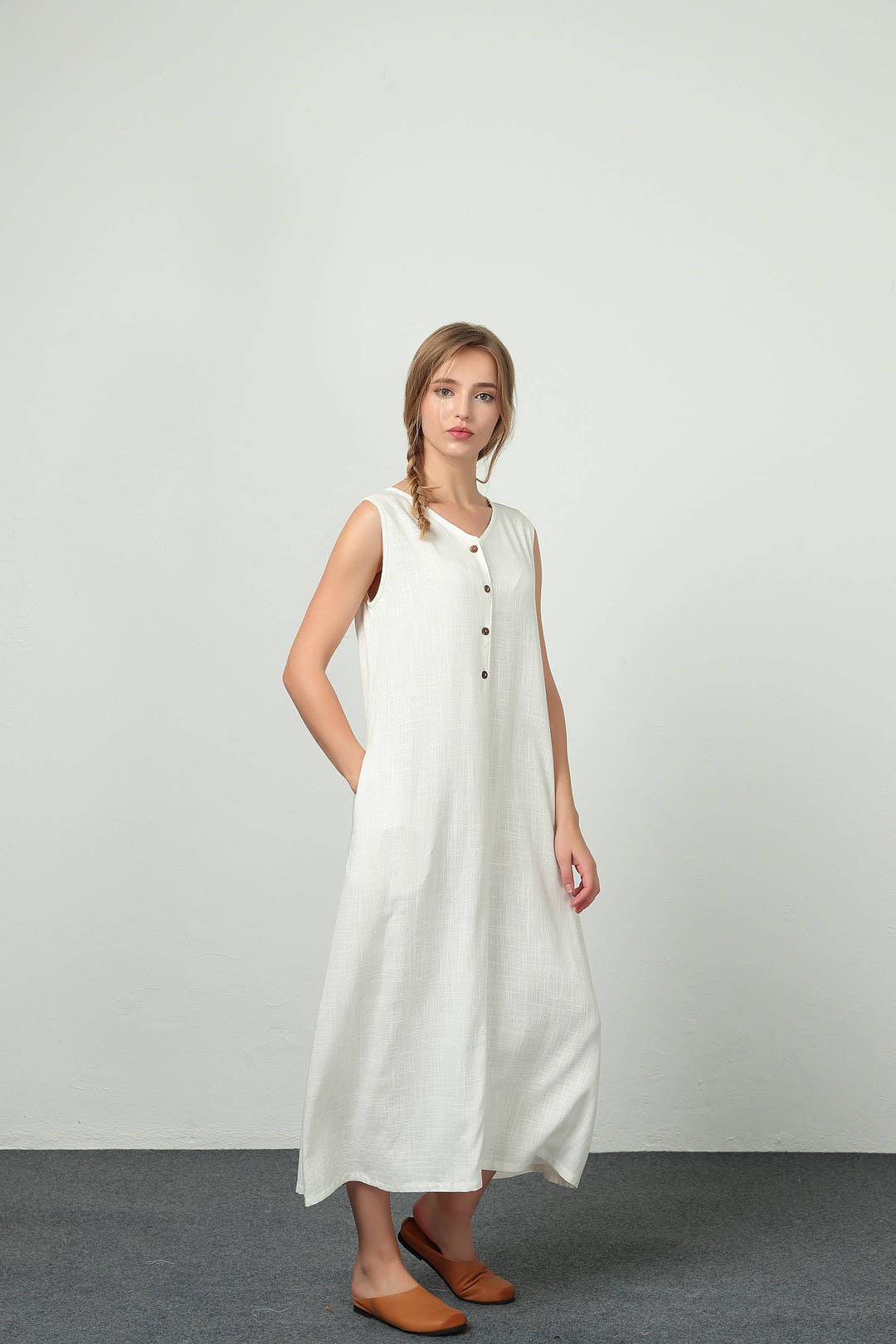 Linen Dress With Pockets Women Loose Cotton Linen Dresses 2025 Summer Short  Sleeve Crewneck