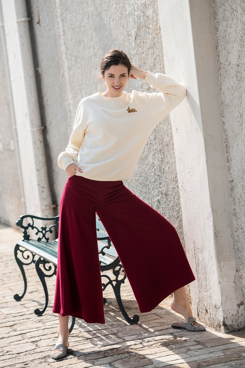 Women Wool Pants Loose High Waist Pants Wide Leg Pants Soft Casual Large Size Trousers Oversized Skirt Pants With Pockets Red Long Pants S18 image 4