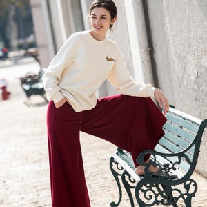 Women Wool Pants Loose High Waist Pants Wide Leg Pants Soft Casual Large Size Trousers Oversized Skirt Pants With Pockets Red Long Pants S18 image 6