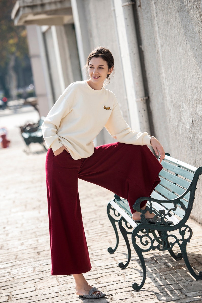 Women Wool Pants Loose High Waist Pants Wide Leg Pants Soft Casual Large Size Trousers Oversized Skirt Pants With Pockets Red Long Pants S18 image 6