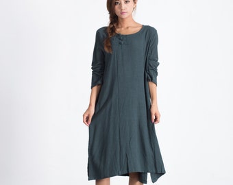 Oversize linen cotton midi dress long sleeves scoop neck loose dress Women's cotton caftan large size shirt dress plus size clothing A08