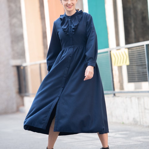 Women wool dress shops long sleeve midi fall winter dress vintage long dress fit and flare dress with pocket woolen custom handmade maxi dress S46