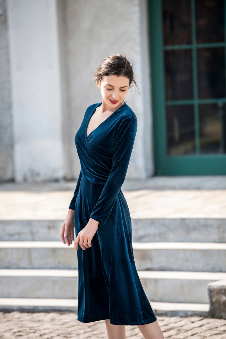 Blue Velvet Dress Long Sleeves Midi Bridesmaid Dress Spring Etsy UK