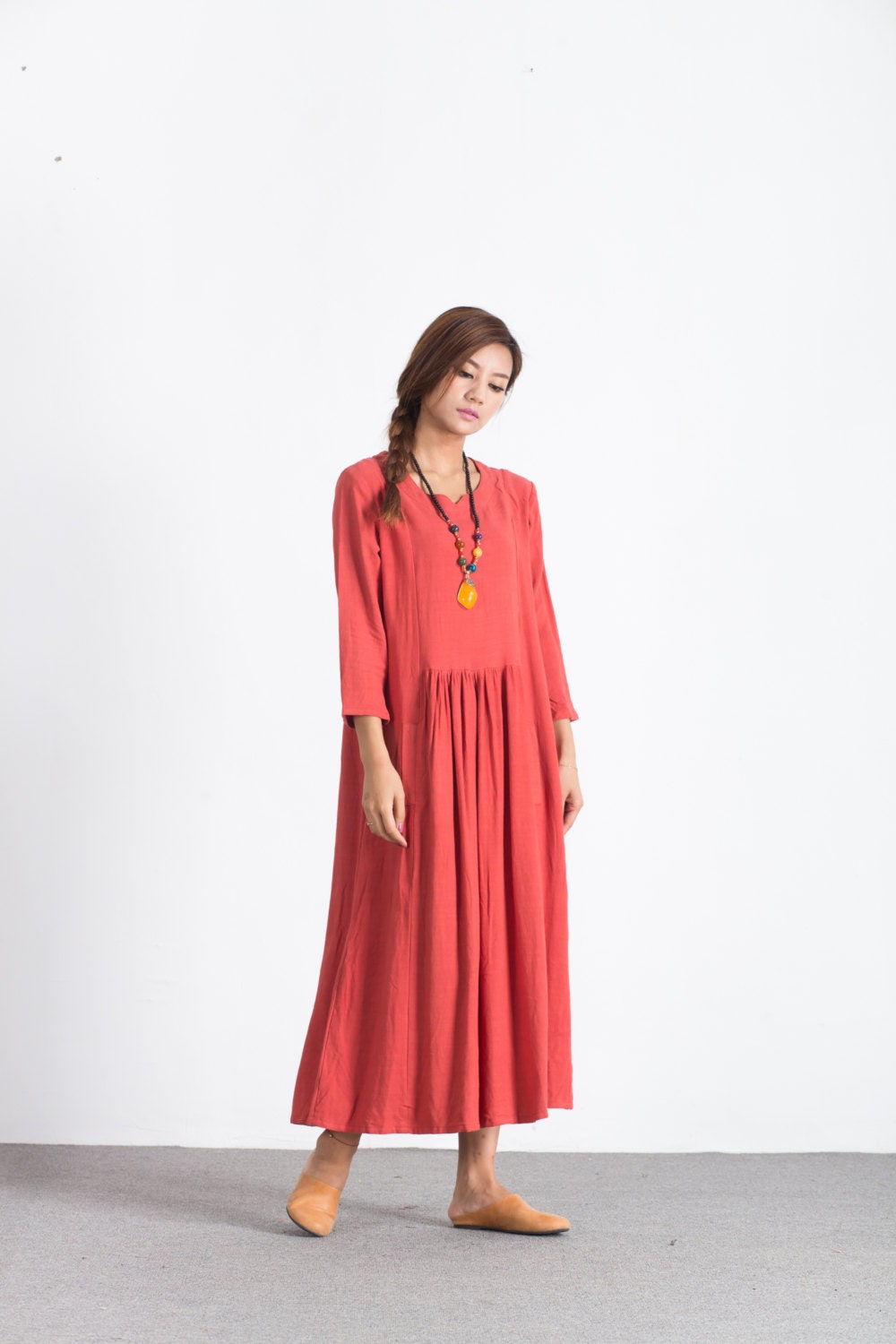 Women's long sleeves maxi dress linen cotton pullover | Etsy