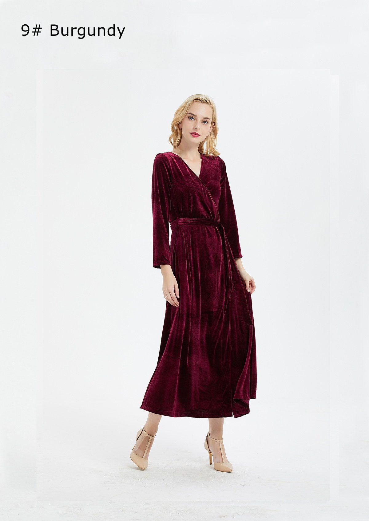 Women's Burgundy Velvet Dress Wrap Dress Long Sleeve Robe - Etsy