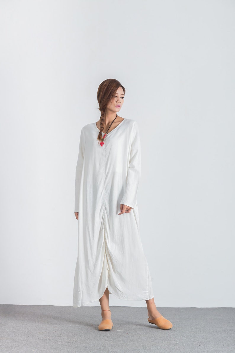 Women's Long Sleeves Scoop Neck Maxi Dress Cotton Linen | Etsy