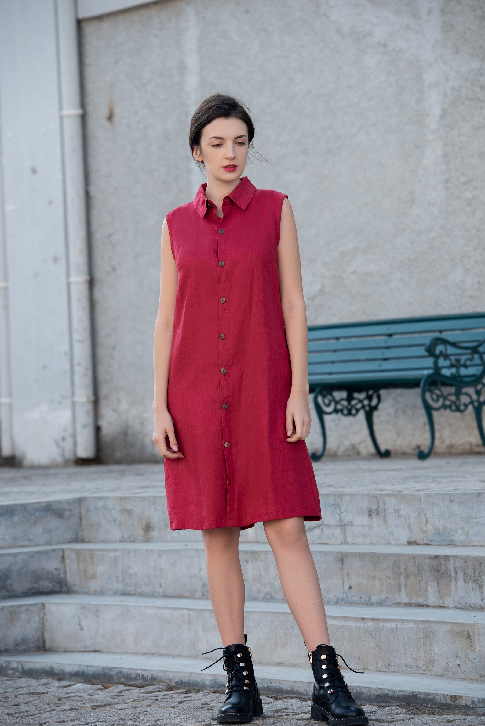 Linen Shirt Dresses With Pockets Women Sleeveless Knee Length Etsy