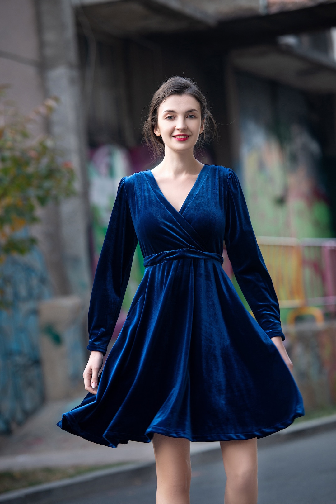 Velvet Dresses for Women Long Sleeve Dress Winter Wrap V Neck Dress Knee  Length Dress Stretch Velvet Fit and Flare Dress Plus Size Dress R62 