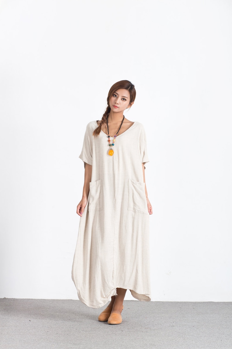 Women linen dresses linen kaftan dress short sleeves linen tunic dress spring oversize loose fitting dress plus size clothing boho dress A83 image 2