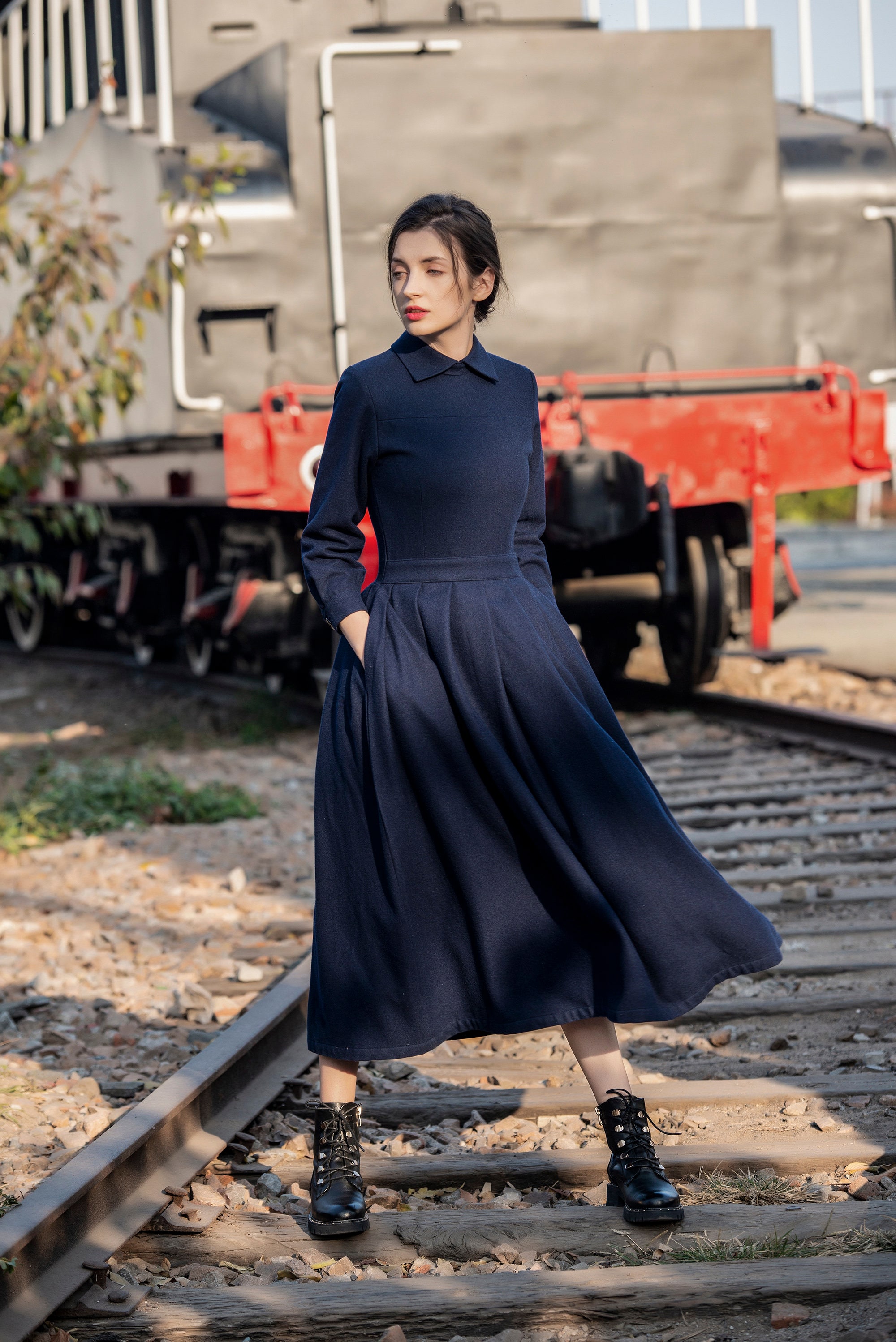 Wool Dress Vintage Style Dress Long Sleeve Casual Maxi Dress Fall