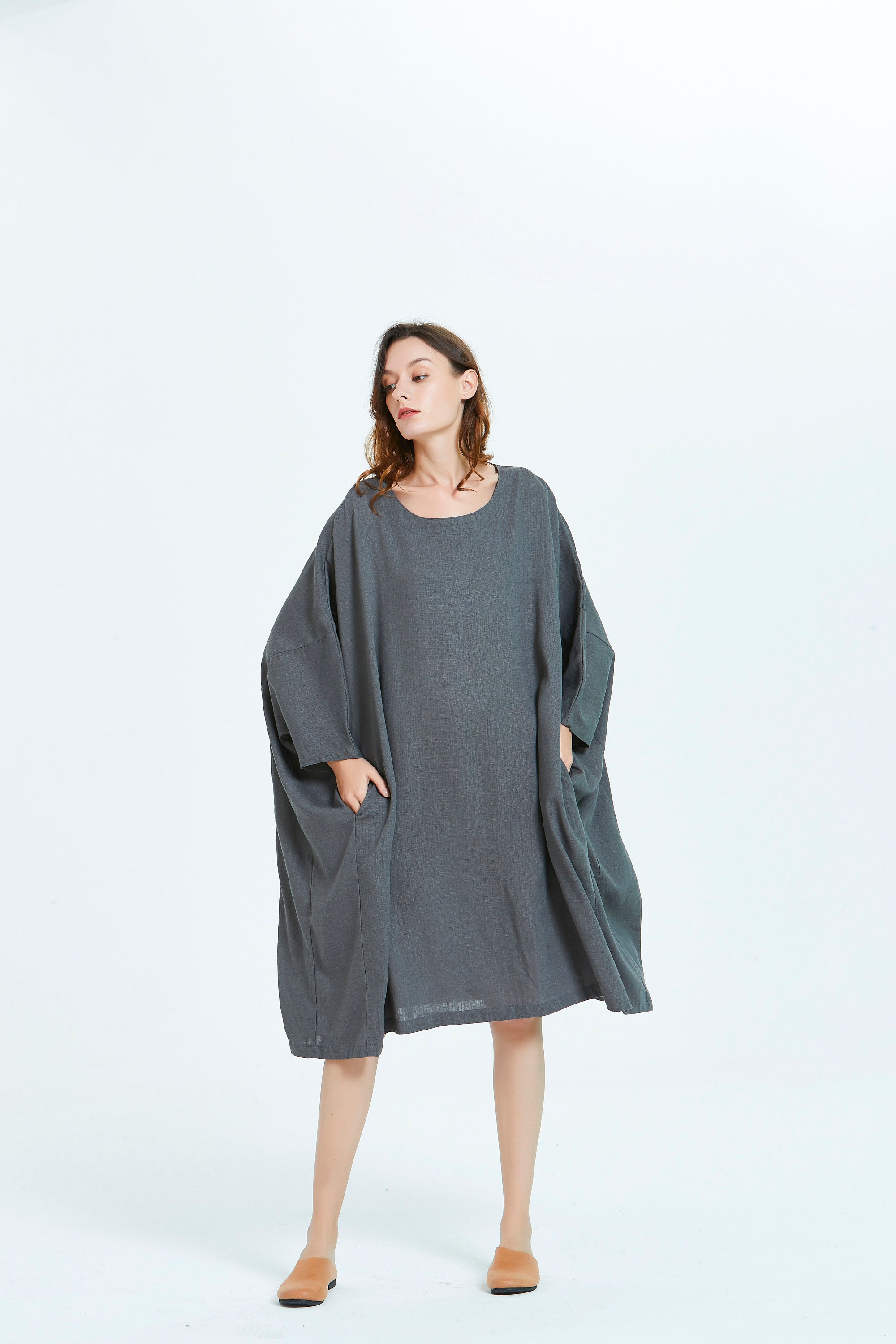 Women cotton Linen dress Bat Sleeve soft Linen Kaftan Midi | Etsy