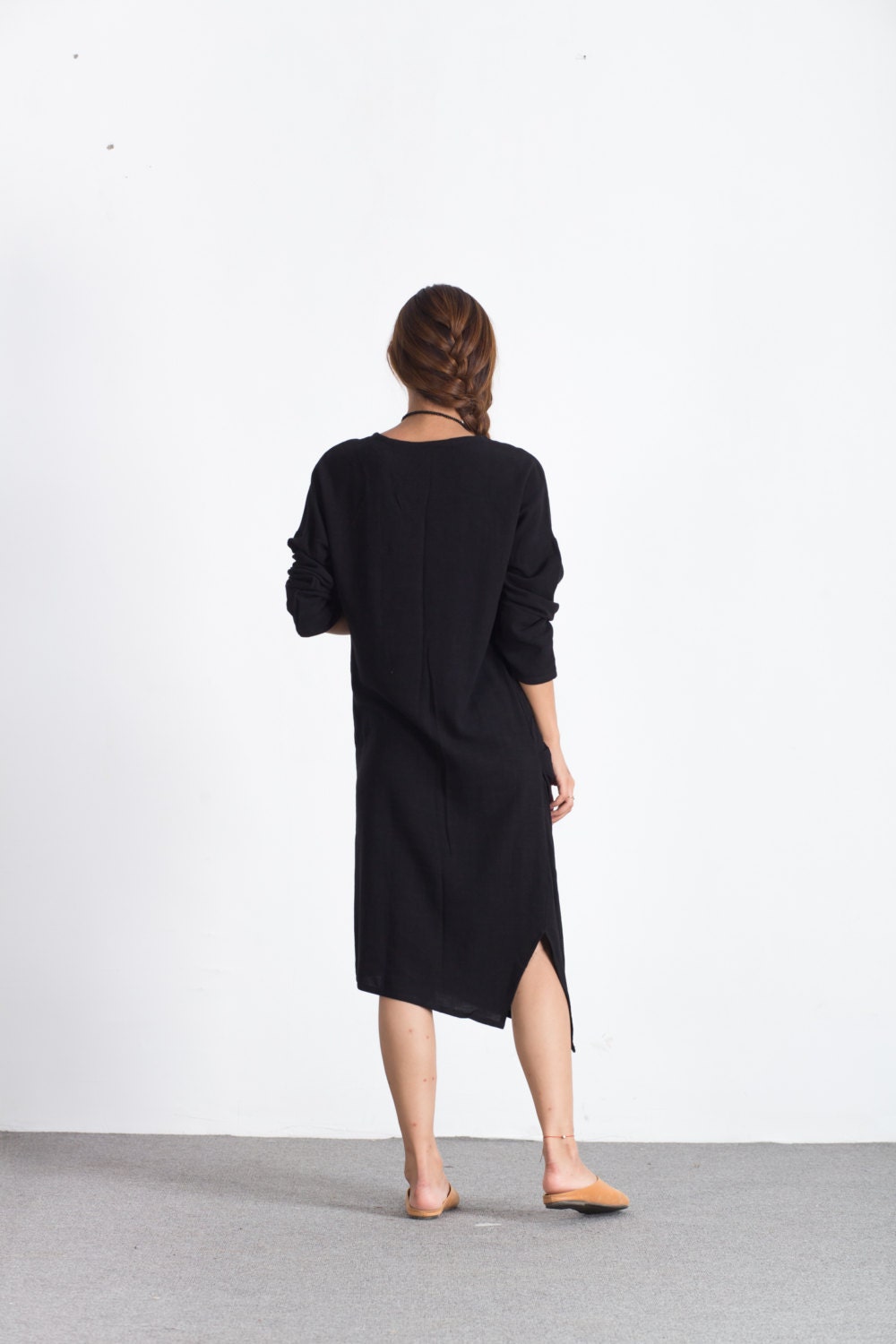 Linen Dresses With Pockets Women Long Sleeve Midi Dress | Etsy