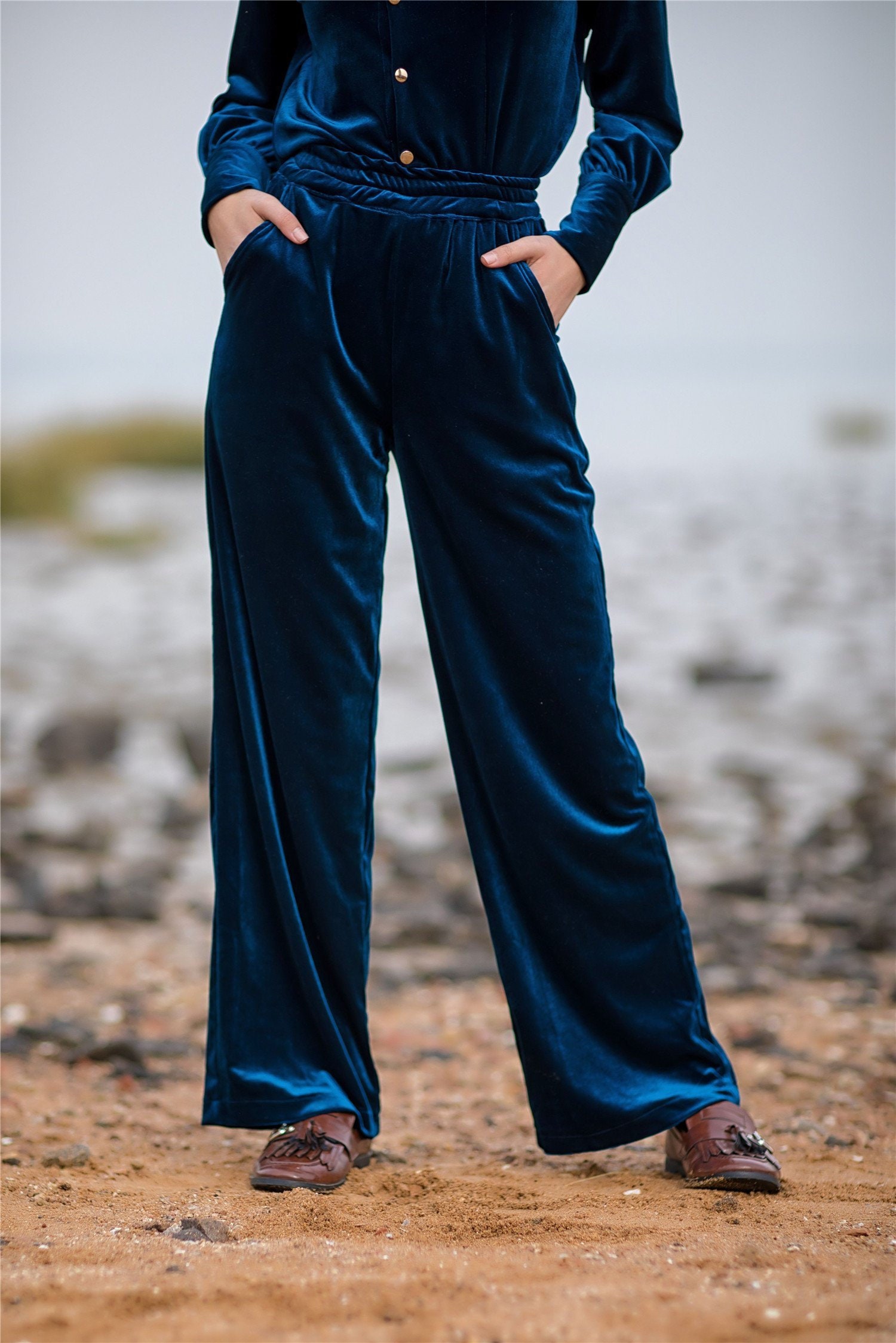 Women's Velvet Pants Elastic Waist 