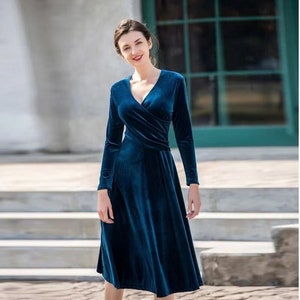 Velvet Dress for Women, Long Sleeves Winter Dress, Midi Wrap Dress, Bridesmaid Dress, Custom Hand Made Dress, Plus Size Clothing Gown R63 image 2