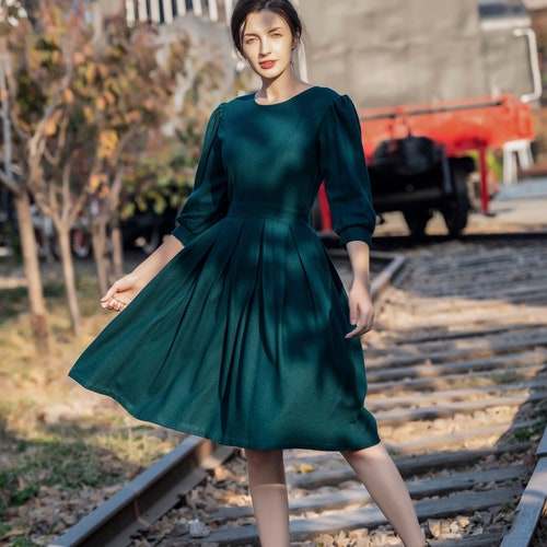 Såvel Ved navn velfærd Women Vintage Style Wool Dress Mid Sleeves Knee Length Spring - Etsy