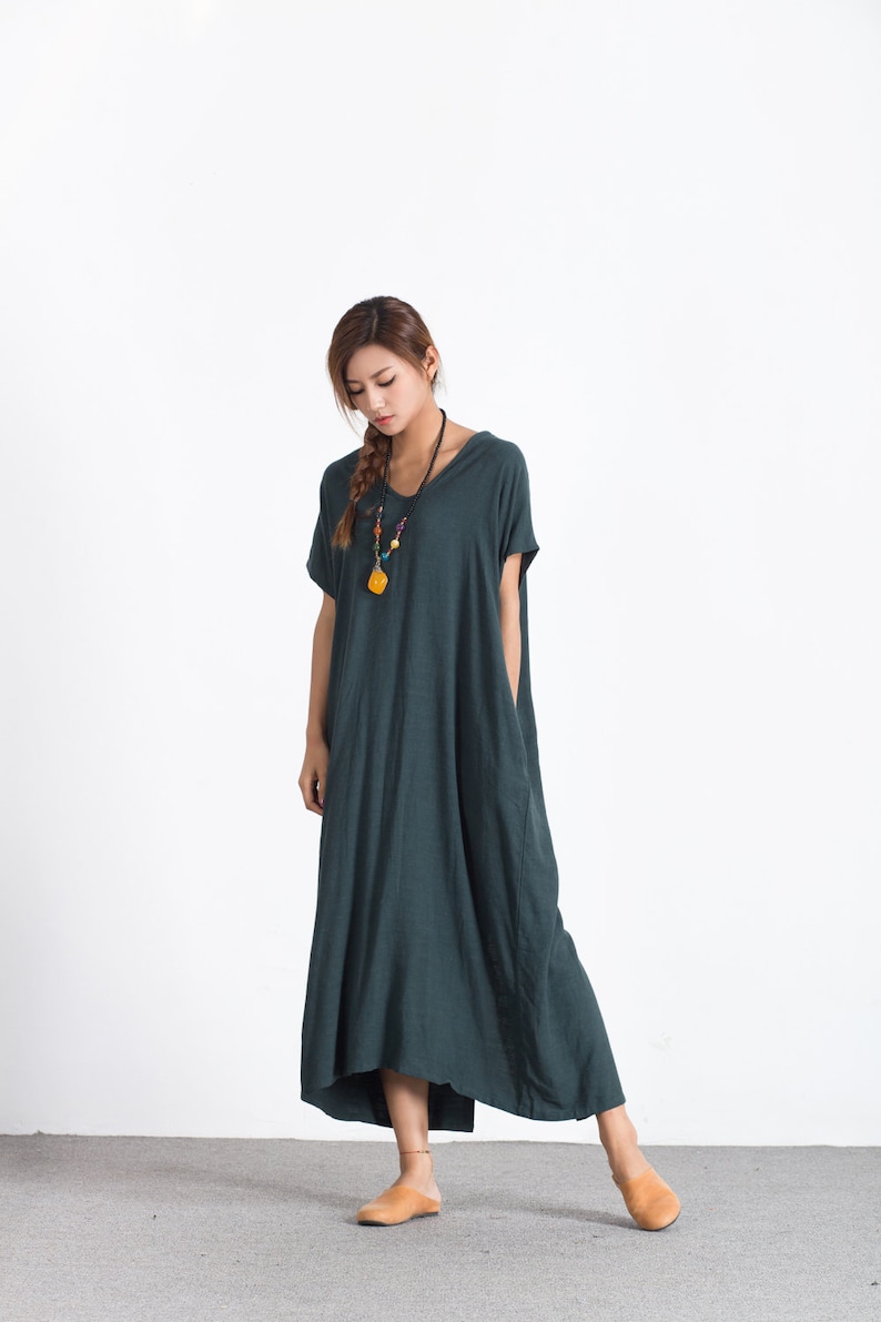 Women's linen Short Sleeves Summer maxi dress loose linen cotton kaftan oversize bridesmaid dress large size dress plus size clothing A89 