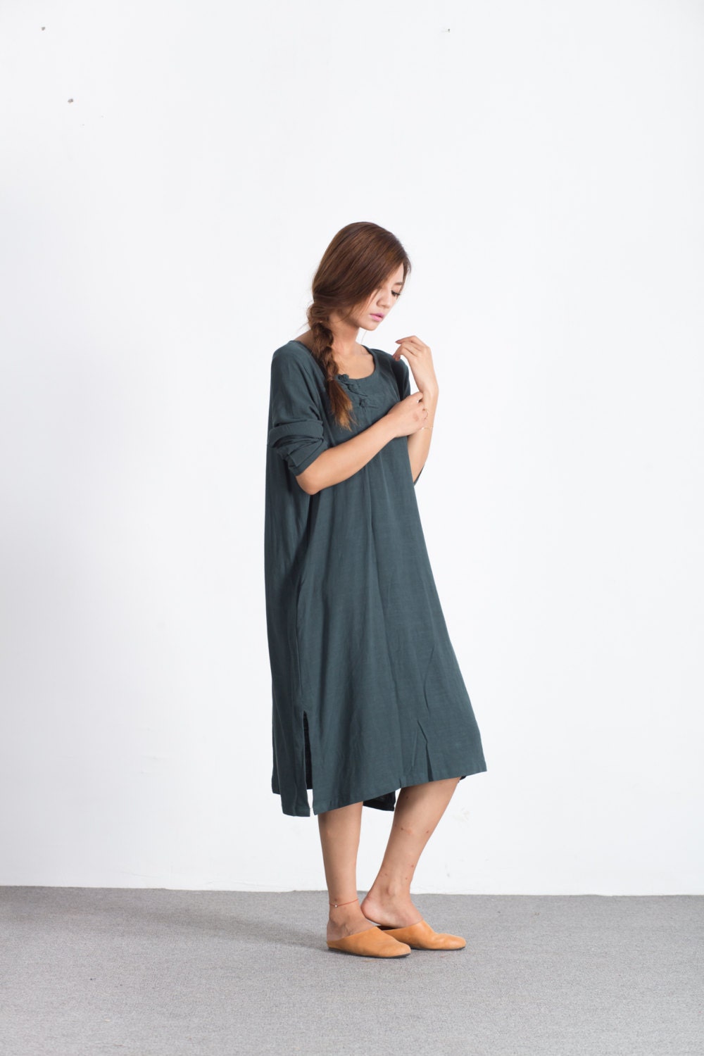 Oversize Linen Cotton Midi Dress Long Sleeves Scoop Neck Loose - Etsy