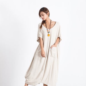 Women linen dresses linen kaftan dress short sleeves linen tunic dress spring oversize loose fitting dress plus size clothing boho dress A83 image 3