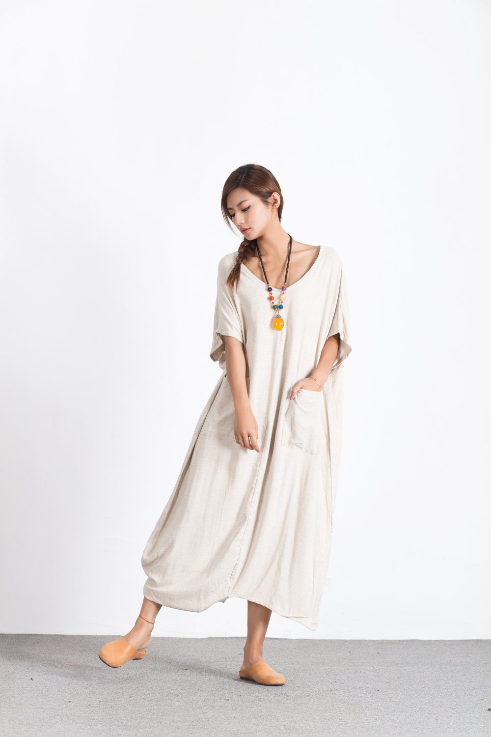 Women's linen maxi dress Short Sleeves Summer Dresses | Etsy