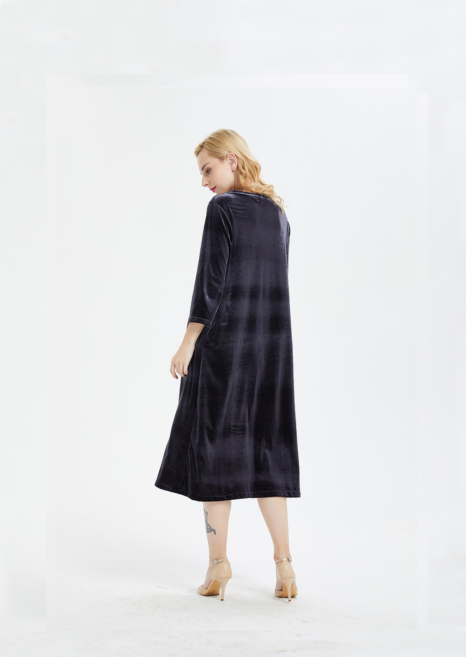 Velvet Dresses With Pockets Women Long Sleeve Round Neck Midi Etsy