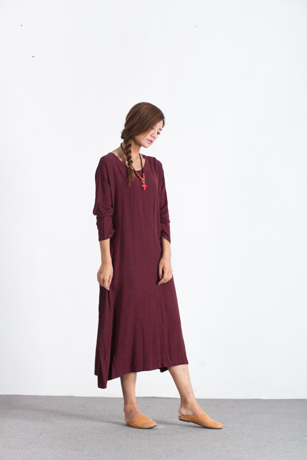 Linen Dresses With Pockets Long Sleeve Cotton Linen Midi Dress - Etsy