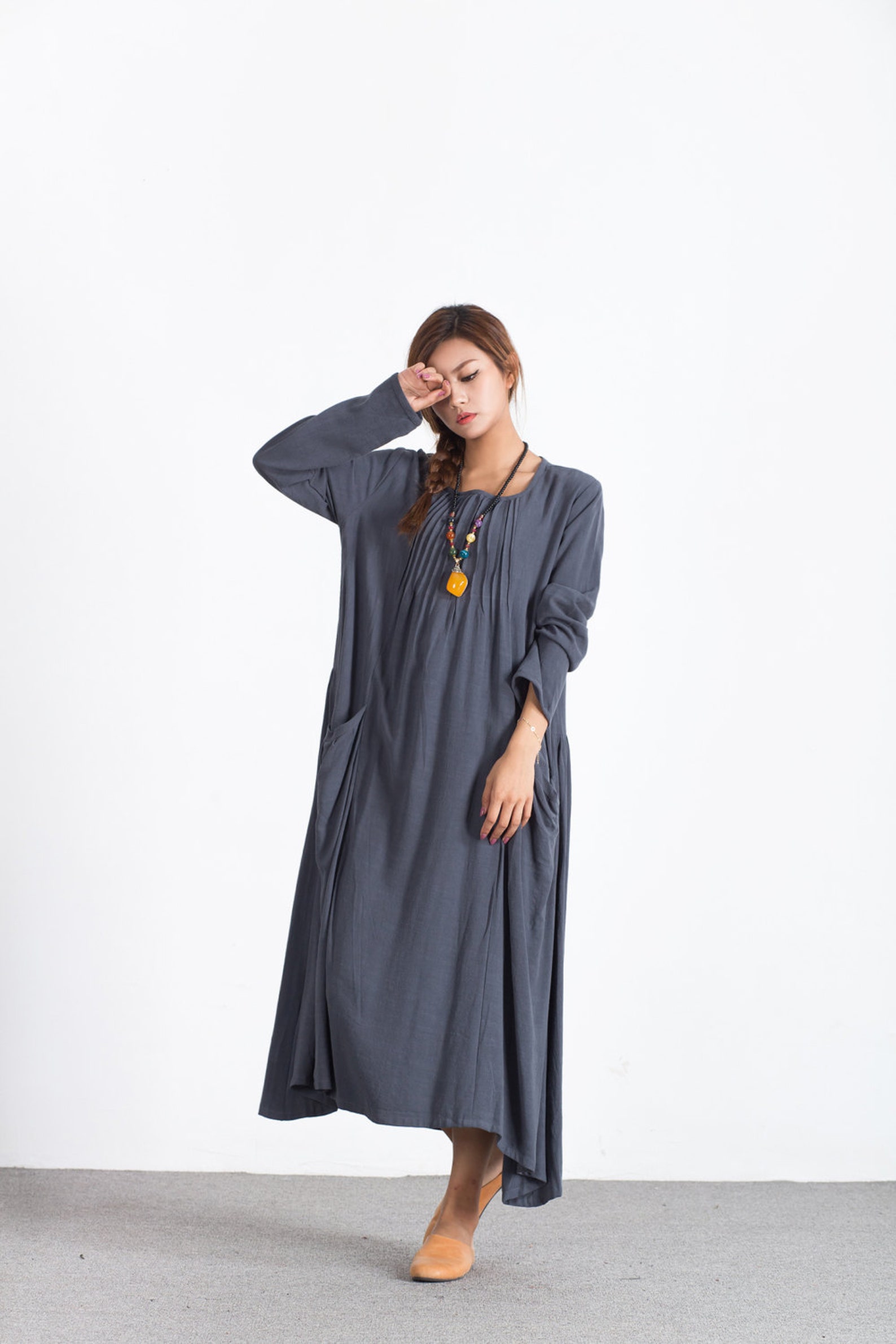 Linen Dresses With Pockets Women Cotton Long Sleeve Maxi Etsy