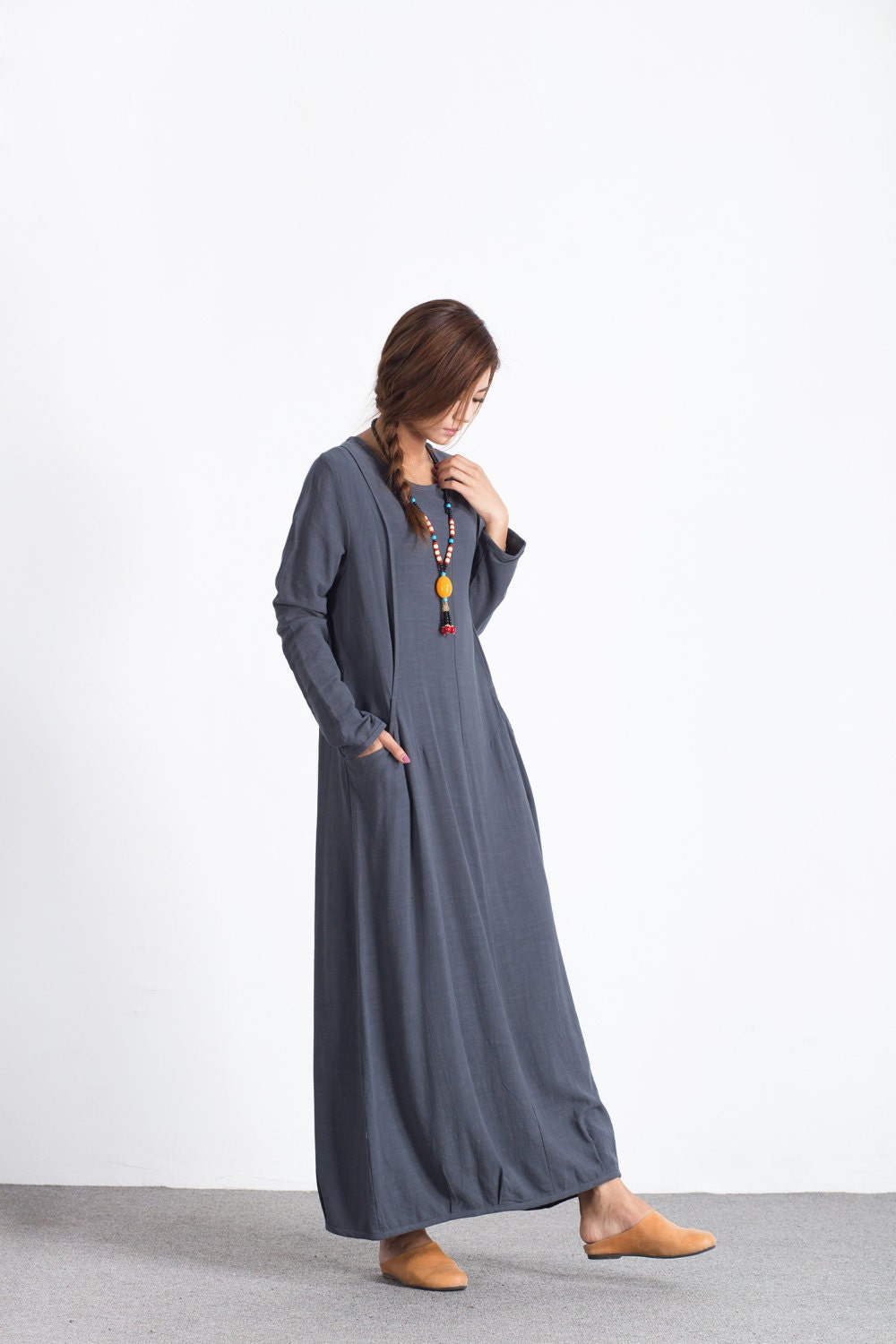 Women's linen long sleeves maxi dress linen cotton Spring | Etsy